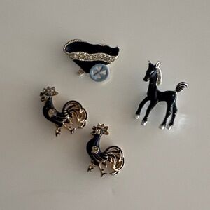 Vintage Pins / Brooches /Four total / Scatter Roosters, Pony and Pram